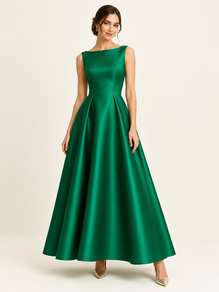 Elegant emerald green classic satin evening dress