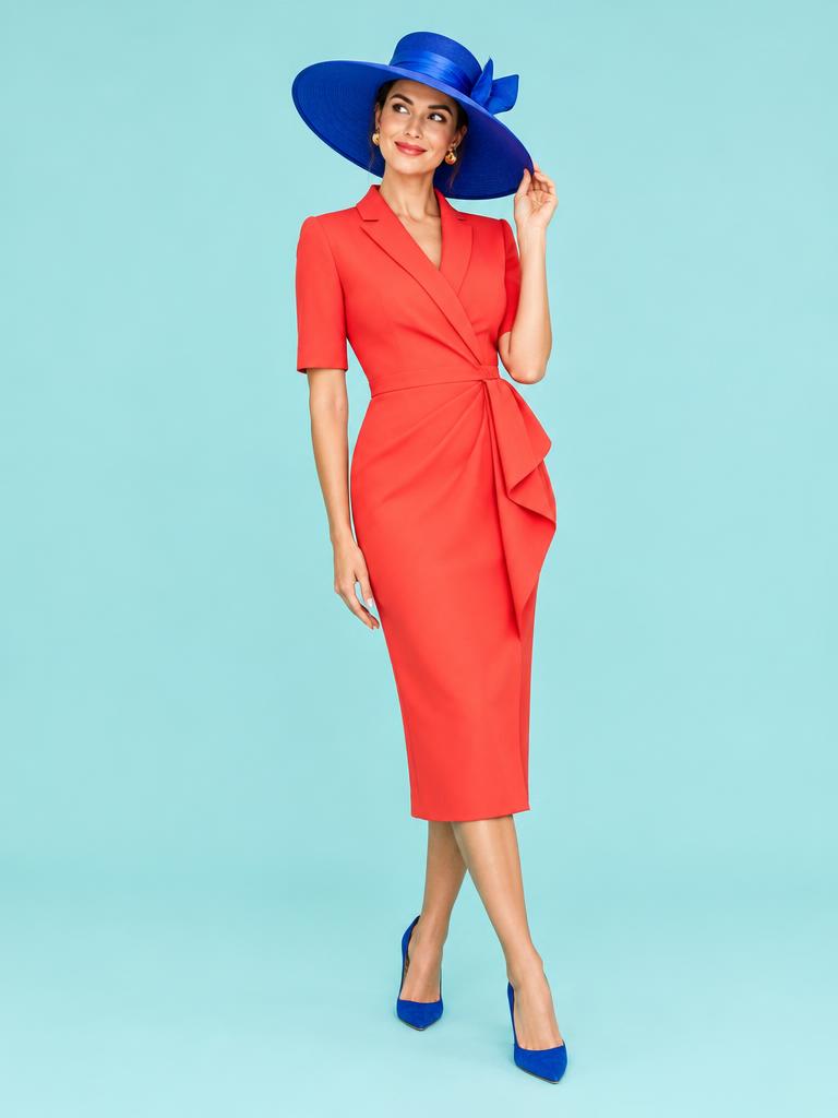 Coral dress with a vivid blue wide-brim hat